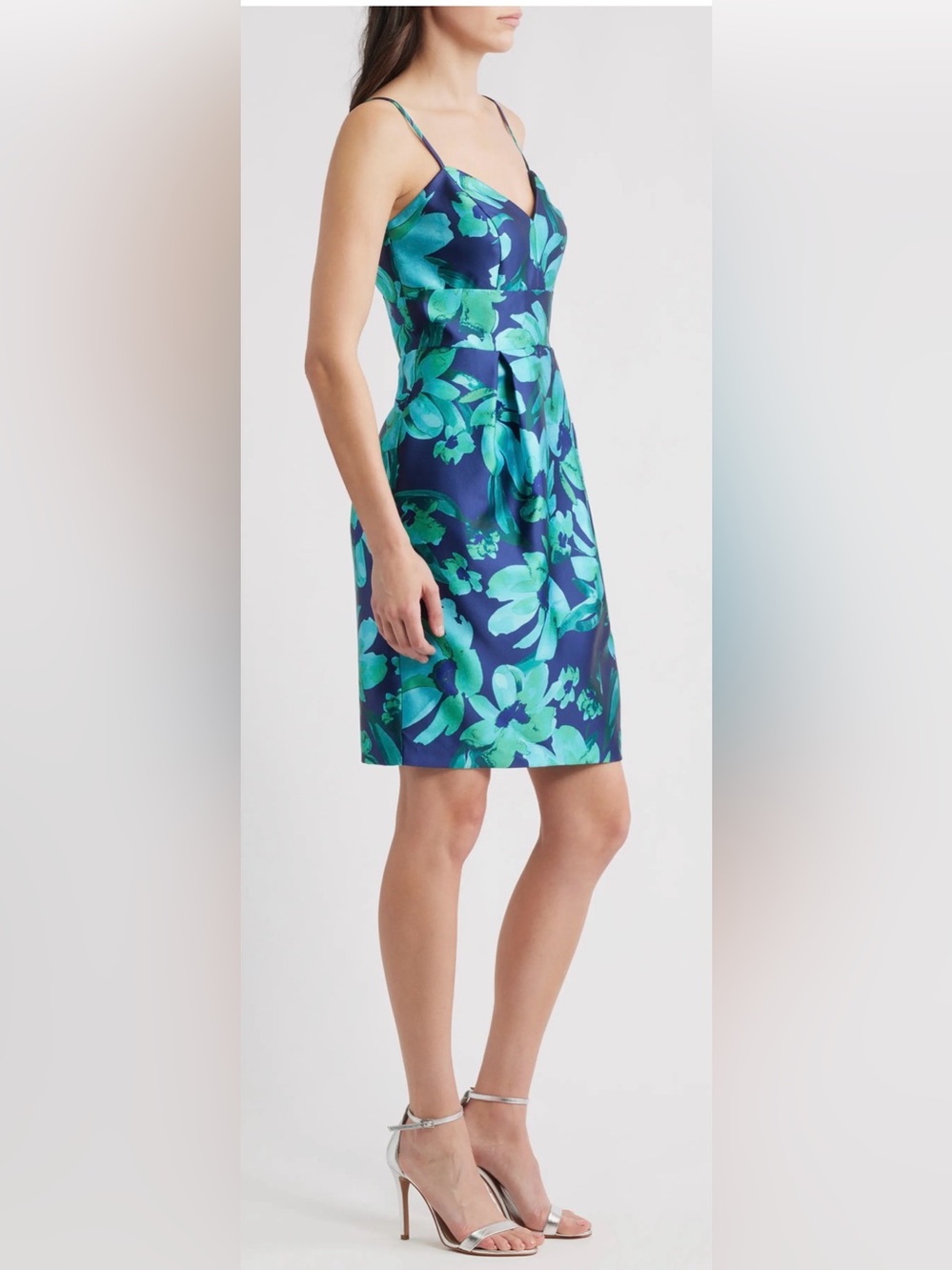 Eliza J Navy and Teal Floral Backless Spaghetti-Strap Dress